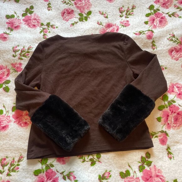 Y2K wool blend fur sleeve brown boatneck cropped sweater! - Picture 14 of 14